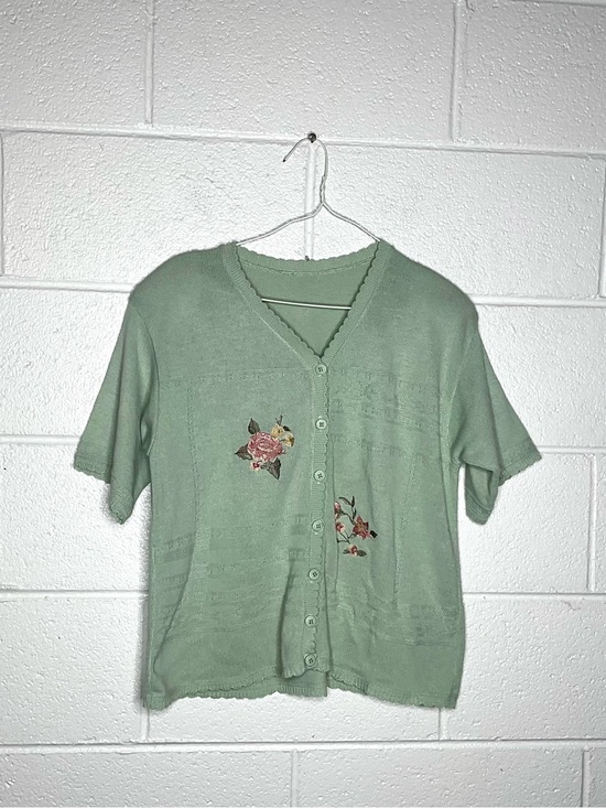 Sweaters - < Vintage Sage Green Knit Sweater Cardigan With Embroidered Flowers >
